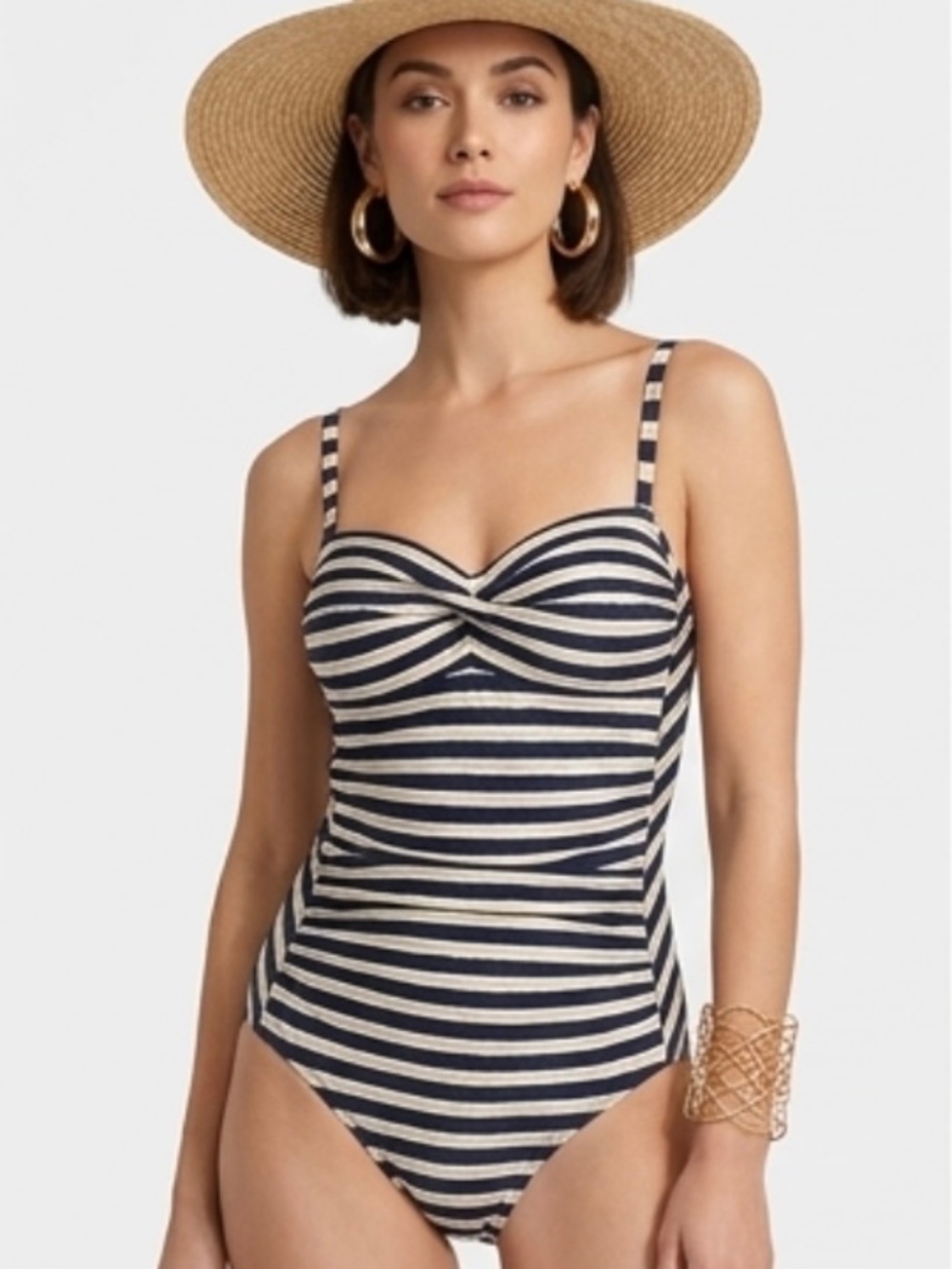 Nip Tuck Swim Navy Blue & Gold Metallic Striped One Piece Swimsuit Sz US 6 Beach